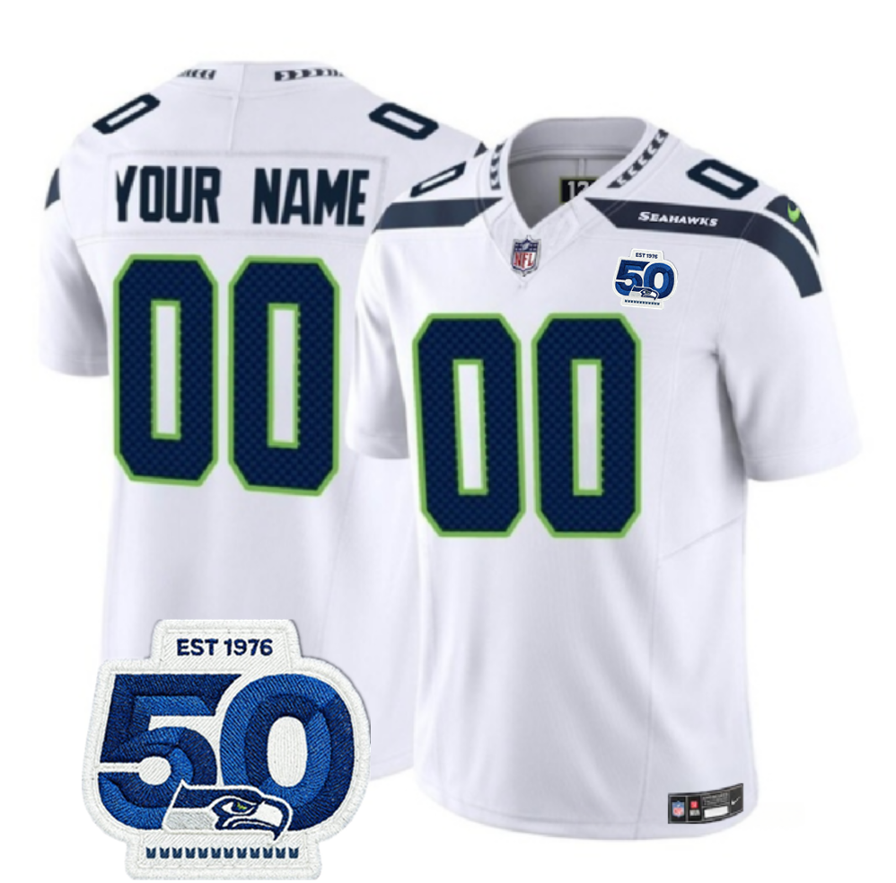 Men's Seattle Seahawks Active Player Custom White 2025 F.U.S.E. 50th Anniversary Patch Vapor Untouchable Limited Stitched Football Jersey