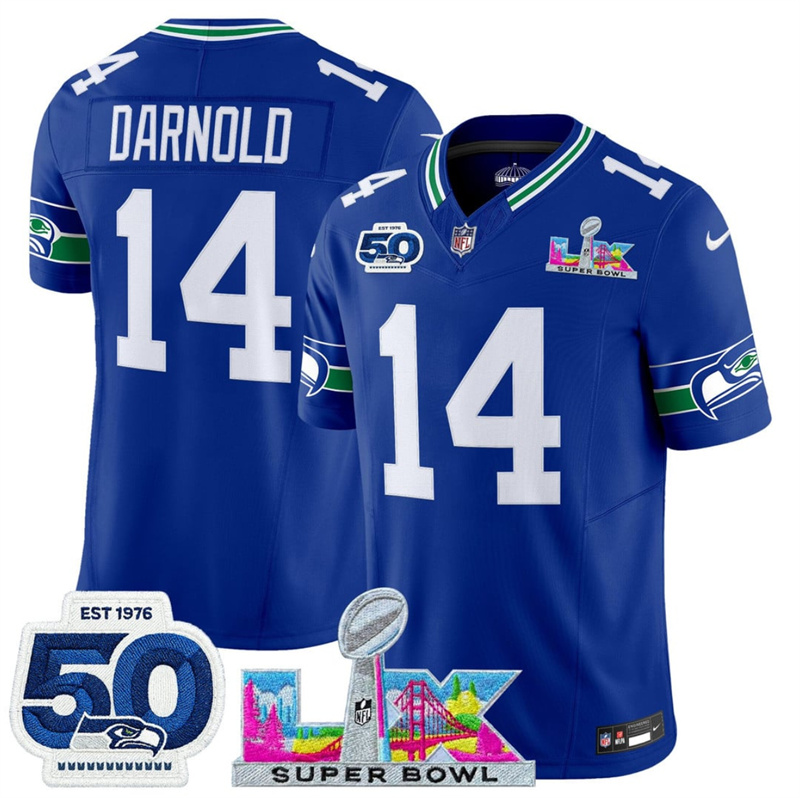 Men's Seattle Seahawks #14 Sam Darnold Royal 2025 F.U.S.E. Super Bowl LX Patch And 50th Season Patch Vapor Limited Stitched Football Jersey