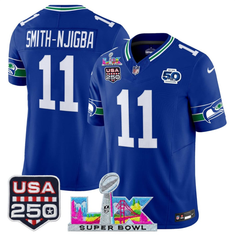 Men's Seattle Seahawks #11 Jaxon Smith-Njigba Royal 2025 F.U.S.E. Super Bowl LX Patch And 50th Season & USA 250' Patch Vapor Throwback Limited Stitched Football Jersey Men's Seattle Seahawks #11 Jaxon Smith-Njigba Royal 2025 F.U.S.E. Super Bowl LX Patch And 50th Season & USA 250' Patch Vapor Throwback Limited Stitched Football Jersey