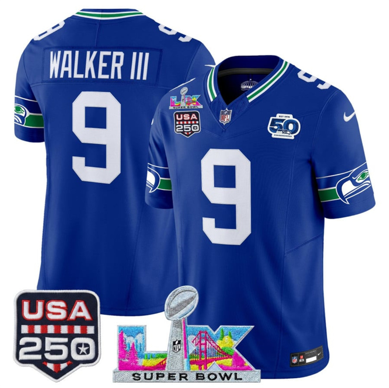 Men's Seattle Seahawks #9 Kenneth Walker III Royal 2025 F.U.S.E. Super Bowl LX Patch And 50th Season & USA 250' Patch Vapor Throwback Limited Stitched Football Jersey Men's Seattle Seahawks #9 Kenneth Walker III Royal 2025 F.U.S.E. Super Bowl LX Patch And 50th Season & USA 250' Patch Vapor Throwback Limited Stitched Football Jersey