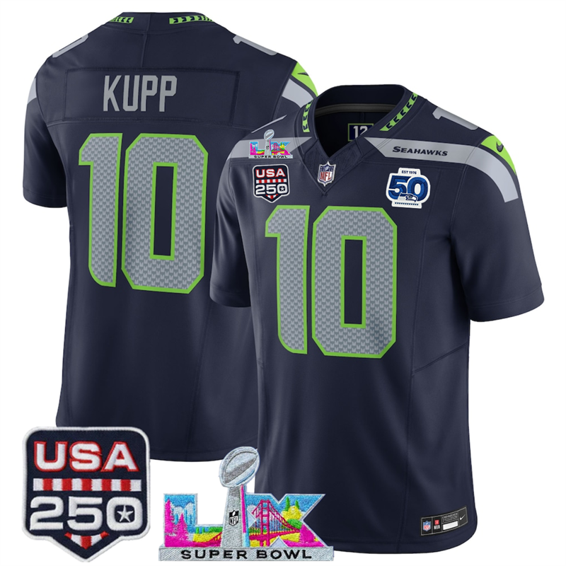 Men's Seattle Seahawks #10 Cooper Kupp Navy 2025 F.U.S.E. Super Bowl LX Patch And 50th Season Patch Vapor Limited Stitched Football Jersey Men's Seattle Seahawks #10 Cooper Kupp Navy 2025 F.U.S.E. Super Bowl LX Patch And 50th Season Patch Vapor Limited Stitched Football Jersey