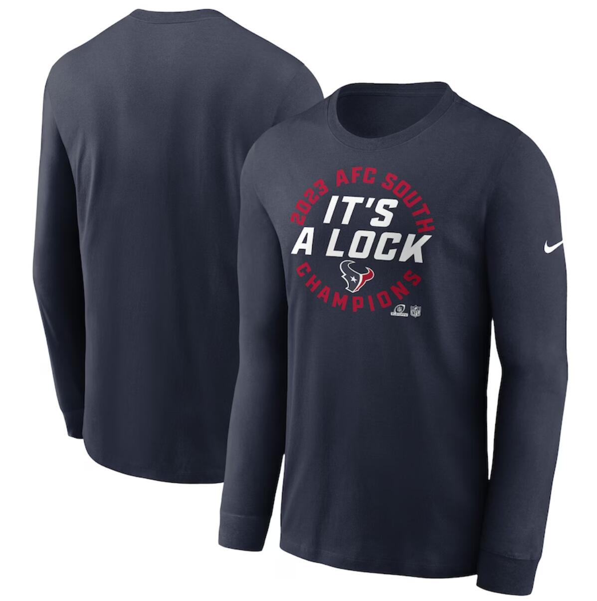 Men's Houston Texans Navy 2023 AFC South Division Champions Locker Room Trophy Collection Long Sleeve T-Shirt Men's Houston Texans Navy 2023 AFC South Division Champions Locker Room Trophy Collection Long Sleeve T-Shirt