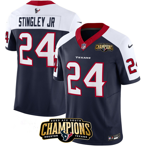 Men's Houston Texans #24 Derek Stingley Jr. Navy/White 2023 F.U.S.E. AFC South Champions Patch Limited Stitched Football Jersey Men's Houston Texans #24 Derek Stingley Jr. Navy/White 2023 F.U.S.E. AFC South Champions Patch Limited Stitched Football Jersey