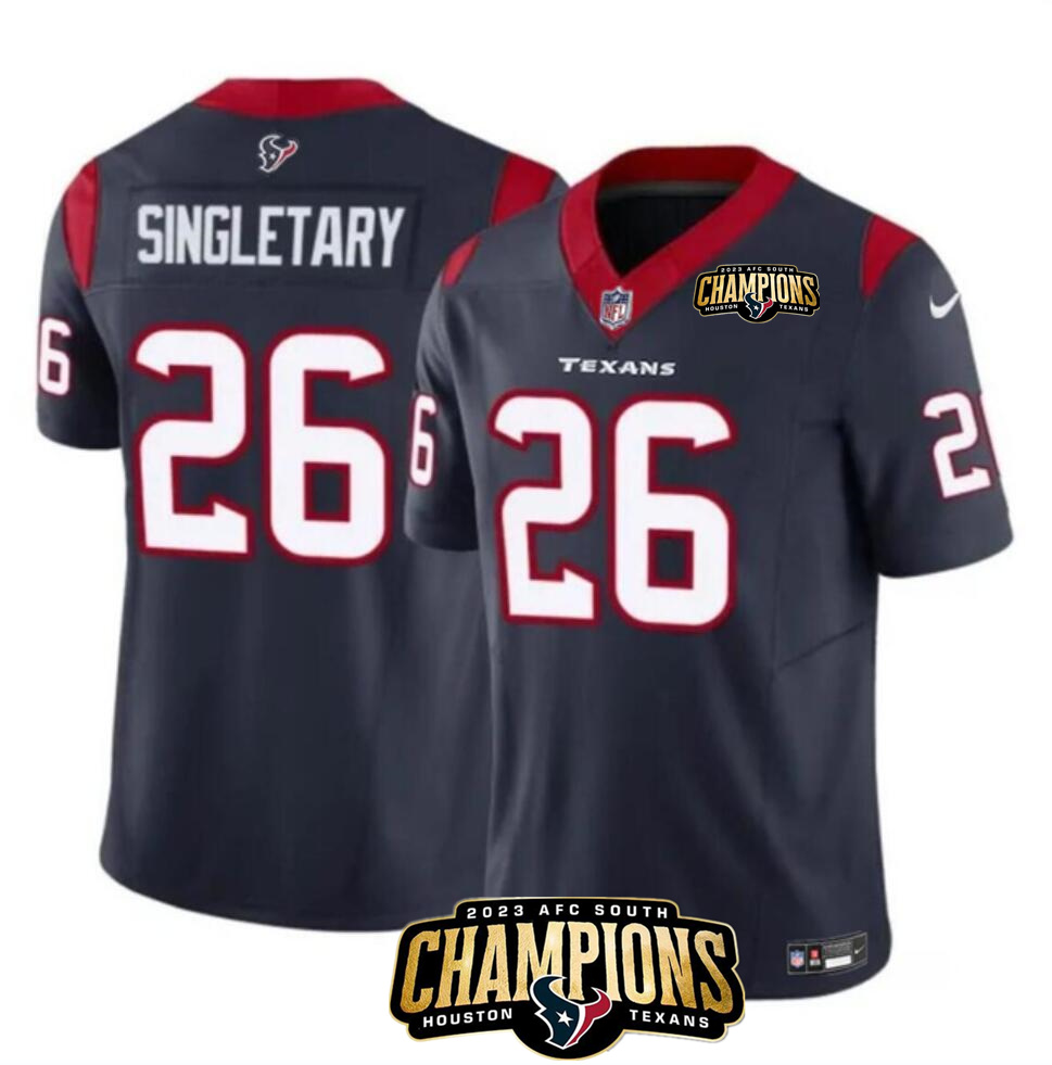 Men's Houston Texans #26 Devin Singletary Navy 2023 F.U.S.E. AFC South Champions Patch Vapor Untouchable Limited Stitched Football Jersey Men's Houston Texans #26 Devin Singletary Navy 2023 F.U.S.E. AFC South Champions Patch Vapor Untouchable Limited Stitched Football Jersey