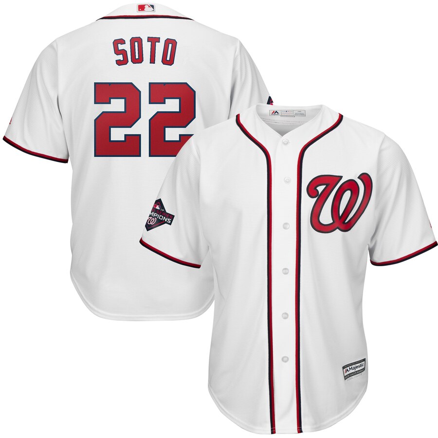 Washington Nationals #22 Juan Soto Majestic 2019 World Series Champions Home Cool Base Patch Player Jersey White Washington Nationals #22 Juan Soto Majestic 2019 World Series Champions Home Cool Base Patch Player Jersey White