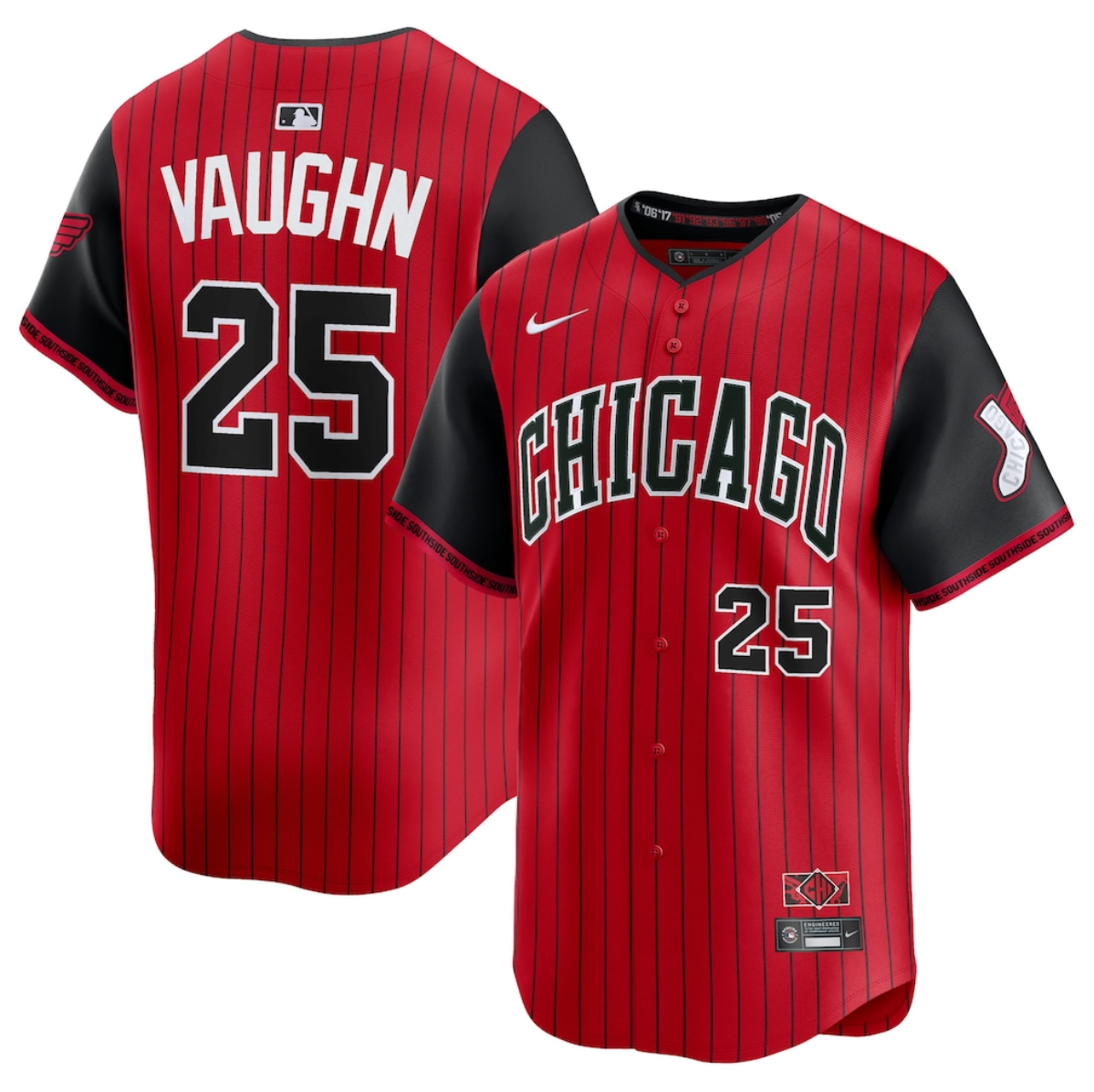Men's Chicago White Sox #25 Andrew Vaughn Red/Black 2025 City Connect Limited Stitched Baseball Jersey Men's Chicago White Sox #25 Andrew Vaughn Red/Black 2025 City Connect Limited Stitched Baseball Jersey