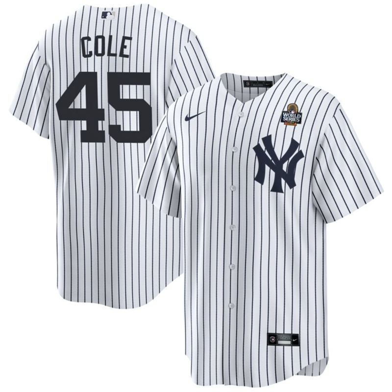 Men's New York Yankees #45 Gerrit Cole White 2024 World Series With Name Cool Base Stitched Baseball Jersey Men's New York Yankees #45 Gerrit Cole White 2024 World Series With Name Cool Base Stitched Baseball Jersey