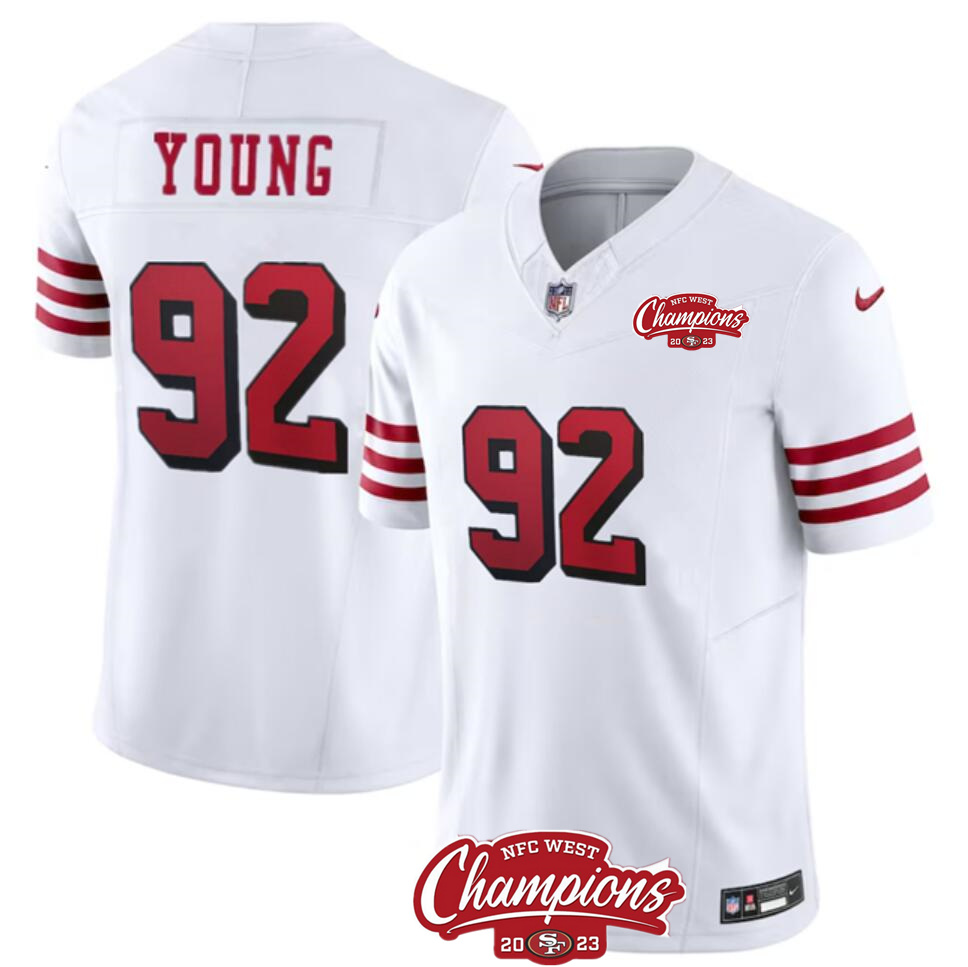 Men's San Francisco 49ers #92 Chase Young White 2023 F.U.S.E. NFC West Champions Patch Alternate Stitched Football Jersey Men's San Francisco 49ers #92 Chase Young White 2023 F.U.S.E. NFC West Champions Patch Alternate Stitched Football Jersey