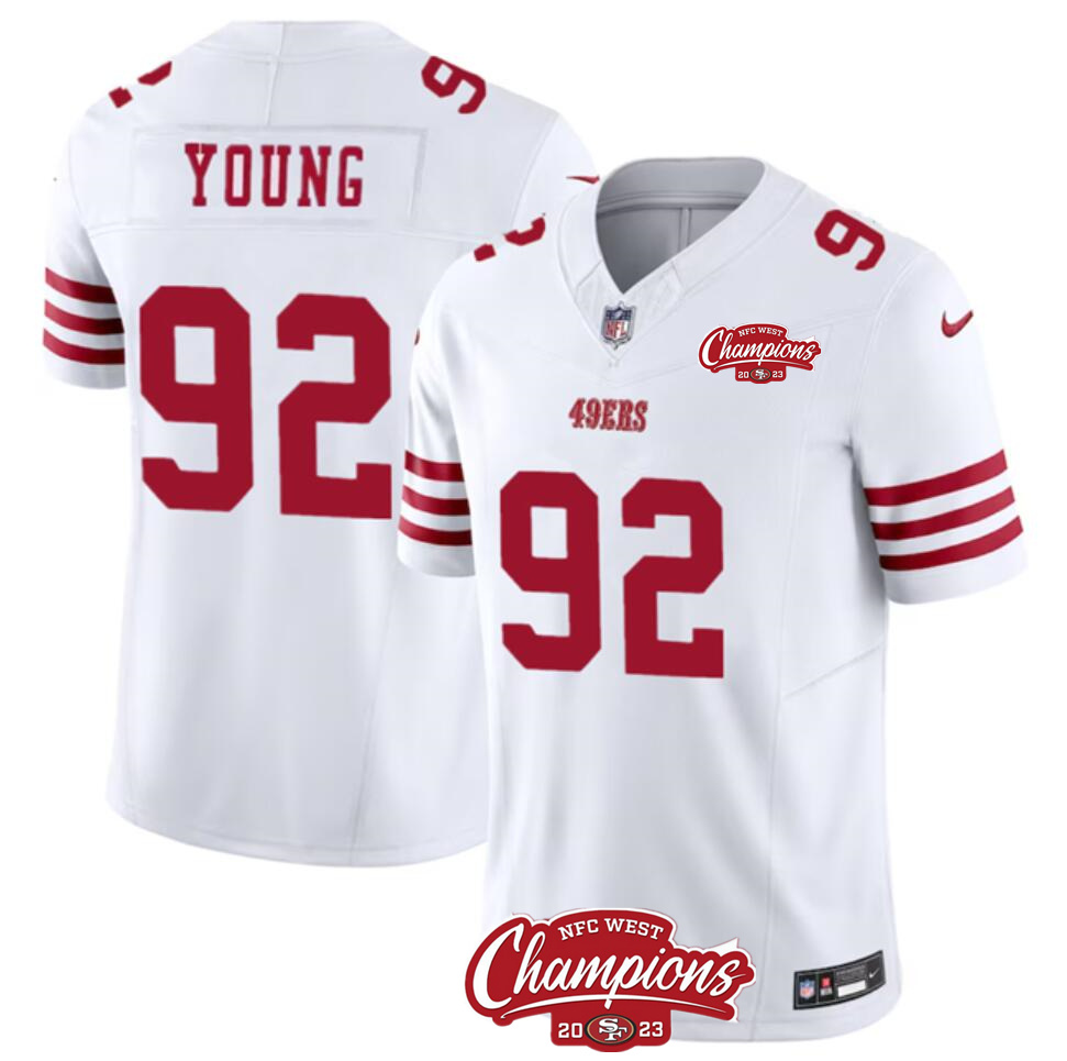 Men's San Francisco 49ers #92 Chase Young White 2023 F.U.S.E. NFC West Champions Patch Stitched Football Jersey Men's San Francisco 49ers #92 Chase Young White 2023 F.U.S.E. NFC West Champions Patch Stitched Football Jersey