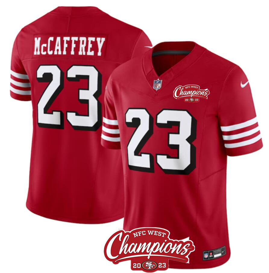 Men's San Francisco 49ers #23 Christian McCaffrey Red 2023 F.U.S.E. NFC West Champions Patch Alternate Stitched Football Jersey Men's San Francisco 49ers #23 Christian McCaffrey Red 2023 F.U.S.E. NFC West Champions Patch Alternate Stitched Football Jersey