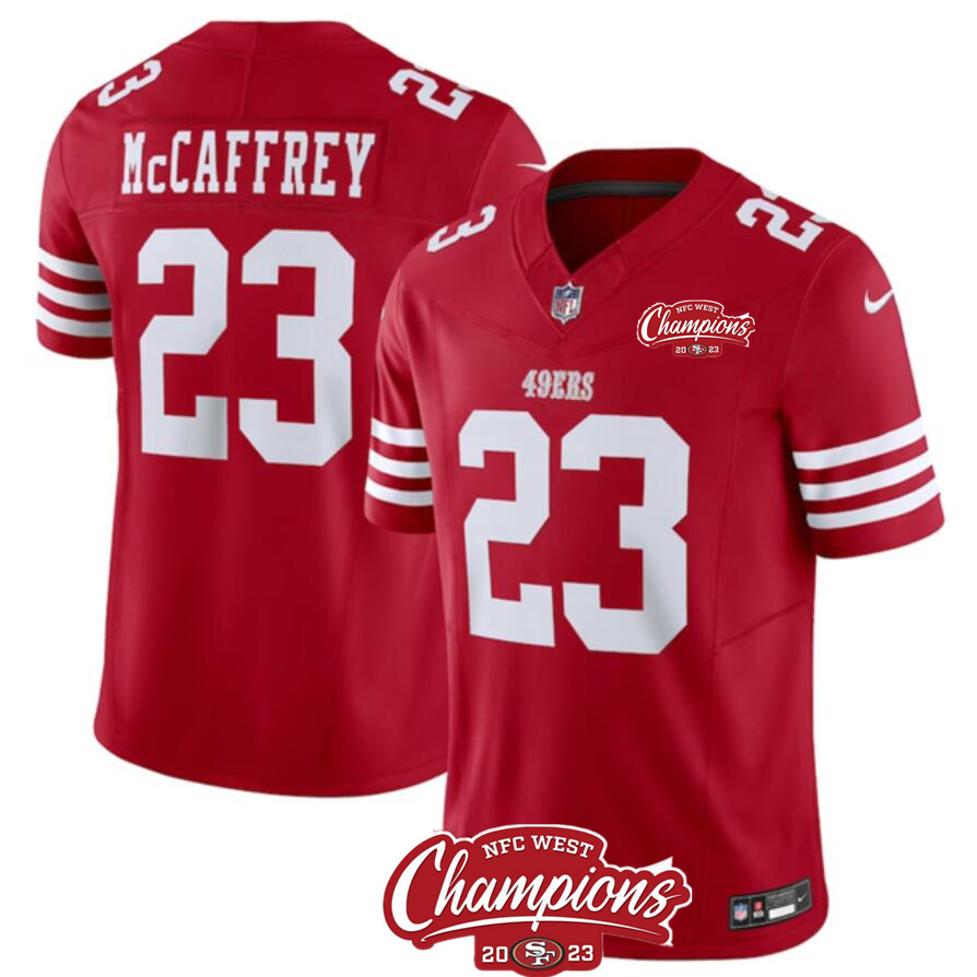 Men's San Francisco 49ers #23 Christian McCaffrey Red 2023 F.U.S.E. NFC West Champions Patch Stitched Football Jersey Men's San Francisco 49ers #23 Christian McCaffrey Red 2023 F.U.S.E. NFC West Champions Patch Stitched Football Jersey