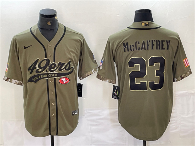 Men's San Francisco 49ers #23 Christian McCaffrey Olive Salute to Service With Patch Cool Base Stitched Baseball Jersey Men's San Francisco 49ers #23 Christian McCaffrey Olive Salute to Service With Patch Cool Base Stitched Baseball Jersey