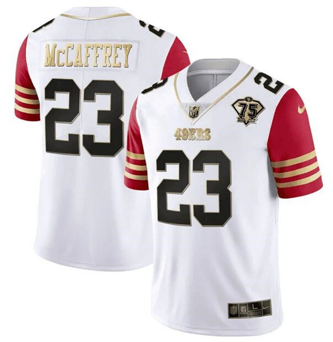 Men's San Francisco 49ers #23 Christian McCaffrey White/Red With 75th Anniversary Patch Stitched Jersey Men's San Francisco 49ers #23 Christian McCaffrey White/Red With 75th Anniversary Patch Stitched Jersey