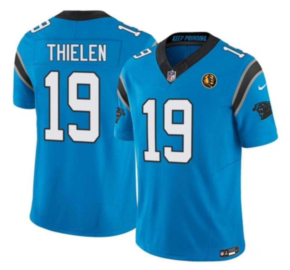 Men's Carolina Panthers #19 Adam Thielen Blue 2023 F.U.S.E. With John Madden Patch Vapor Limited Stitched Football Jersey Men's Carolina Panthers #19 Adam Thielen Blue 2023 F.U.S.E. With John Madden Patch Vapor Limited Stitched Football Jersey