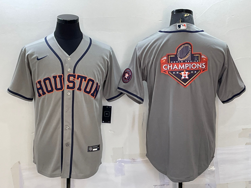 Men's Houston Astros Grey 2022 World Series Champions Team Big Logo With Patch Cool Base Stitched Jersey Men's Houston Astros Grey 2022 World Series Champions Team Big Logo With Patch Cool Base Stitched Jersey