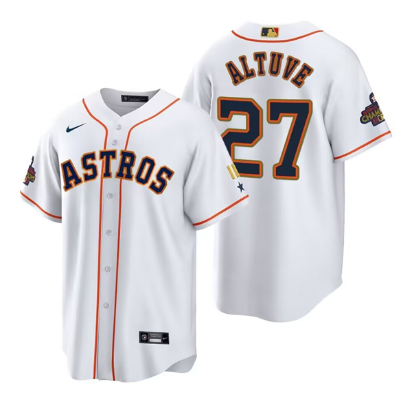 Men's Houston Astros #27 Jose Altuve White Gold 2022 World Series Champions Stitched Baseball Jersey Men's Houston Astros #27 Jose Altuve White Gold 2022 World Series Champions Stitched Baseball Jersey