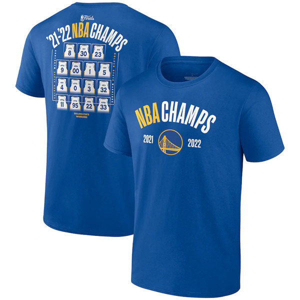 Men's Golden State Warriors 2021-2022 Royal NBA Finals Champions Final Buzzer Jersey Roster T-Shirt Men's Golden State Warriors 2021-2022 Royal NBA Finals Champions Final Buzzer Jersey Roster T-Shirt