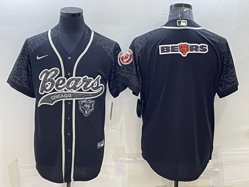 Men's Chicago Bears Black Reflective Team Big Logo With Patch Cool Base Stitched Baseball Jersey Men's Chicago Bears Black Reflective Team Big Logo With Patch Cool Base Stitched Baseball Jersey