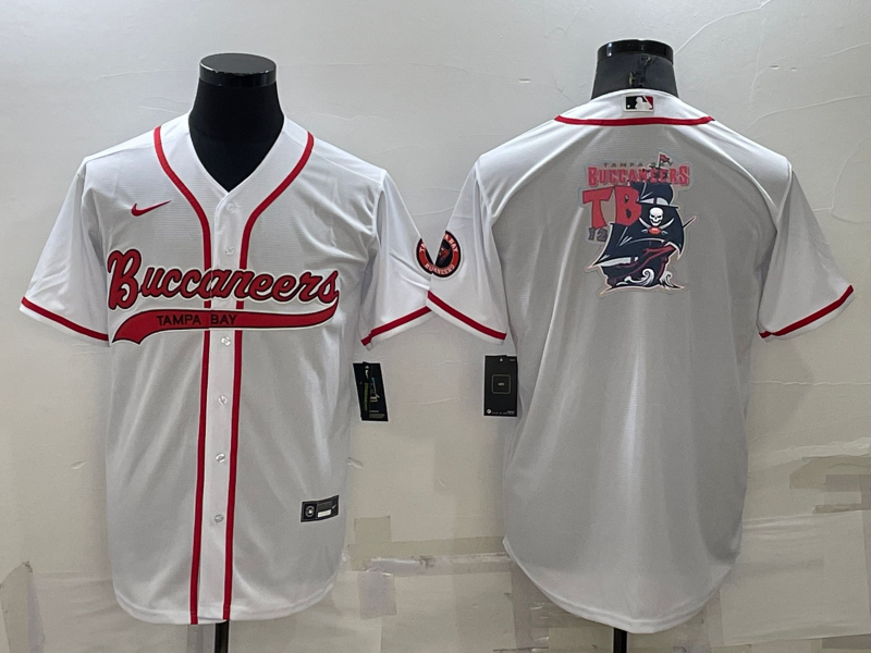 Men's Tampa Bay Buccaneers White Team Big Logo With Patch Cool Base Stitched Baseball Jersey Men's Tampa Bay Buccaneers White Team Big Logo With Patch Cool Base Stitched Baseball Jersey
