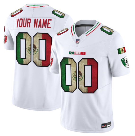 Men's Las Vegas Raiders Active Player Custom White 2025 F.U.S.E. Mexico Vapor Limited Stitched Football Jersey Men's Las Vegas Raiders Active Player Custom White 2025 F.U.S.E. Mexico Vapor Limited Stitched Football Jersey
