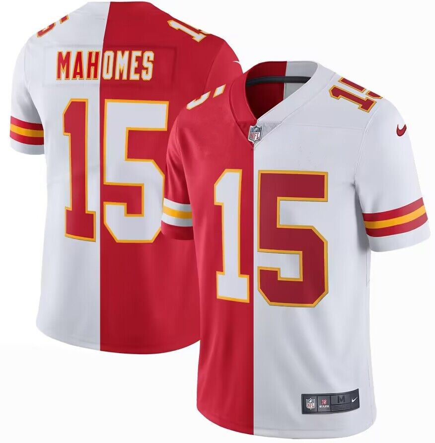 Men's Kansas City Chiefs #15 Patrick Mahomes Red & White Split Super Bowl LVII Patch Limited Stitched Jersey Men's Kansas City Chiefs #15 Patrick Mahomes Red & White Split Super Bowl LVII Patch Limited Stitched Jersey