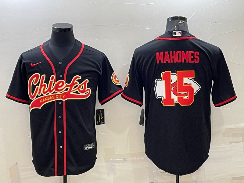 Men's Kansas City Chiefs #15 Patrick Mahomes Black Team Big Logo With Patch Cool Base Stitched Baseball Jersey Men's Kansas City Chiefs #15 Patrick Mahomes Black Team Big Logo With Patch Cool Base Stitched Baseball Jersey