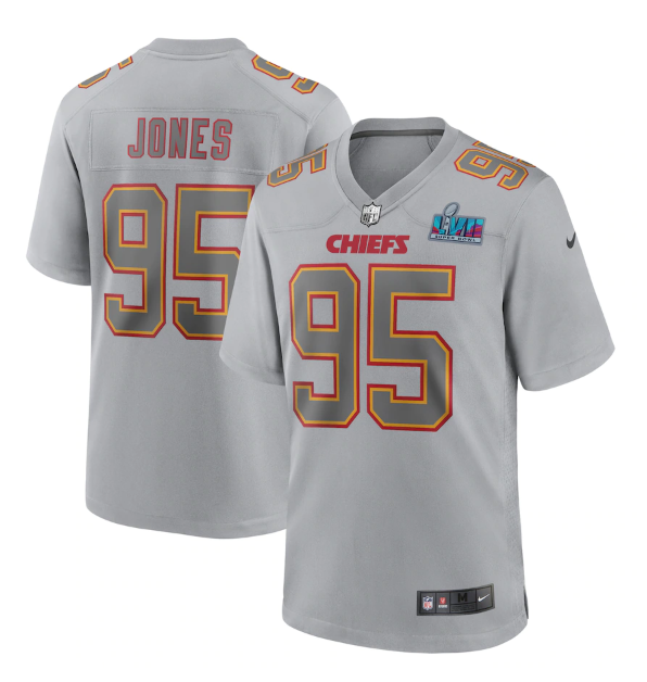 Men's Kansas City Chiefs #95 Chris Jones Grey Super Bowl LVII Patch Atmosphere Fashion Stitched Game Jersey Men's Kansas City Chiefs #95 Chris Jones Grey Super Bowl LVII Patch Atmosphere Fashion Stitched Game Jersey