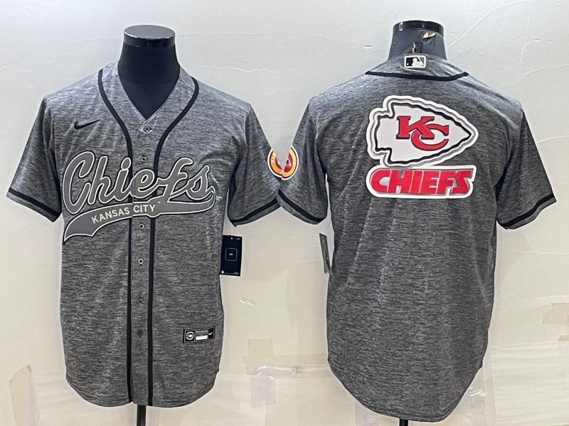 Men's Kansas City Chiefs Grey Team Big Logo With Patch Cool Base Stitched Baseball Jersey Men's Kansas City Chiefs Grey Team Big Logo With Patch Cool Base Stitched Baseball Jersey