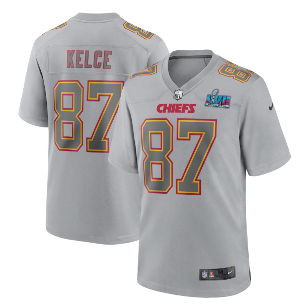 Men's Kansas City Chiefs #87 Travis Kelce Grey Super Bowl LVII Patch Atmosphere Fashion Stitched Game Jersey Men's Kansas City Chiefs #87 Travis Kelce Grey Super Bowl LVII Patch Atmosphere Fashion Stitched Game Jersey