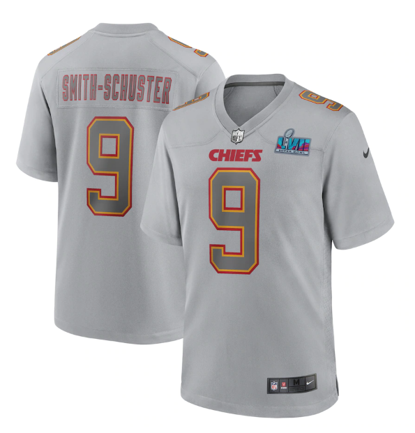 Men's Kansas City Chiefs #9 JuJu Smith-Schuster Grey Super Bowl LVII Patch Atmosphere Fashion Stitched Game Jersey Men's Kansas City Chiefs #9 JuJu Smith-Schuster Grey Super Bowl LVII Patch Atmosphere Fashion Stitched Game Jersey