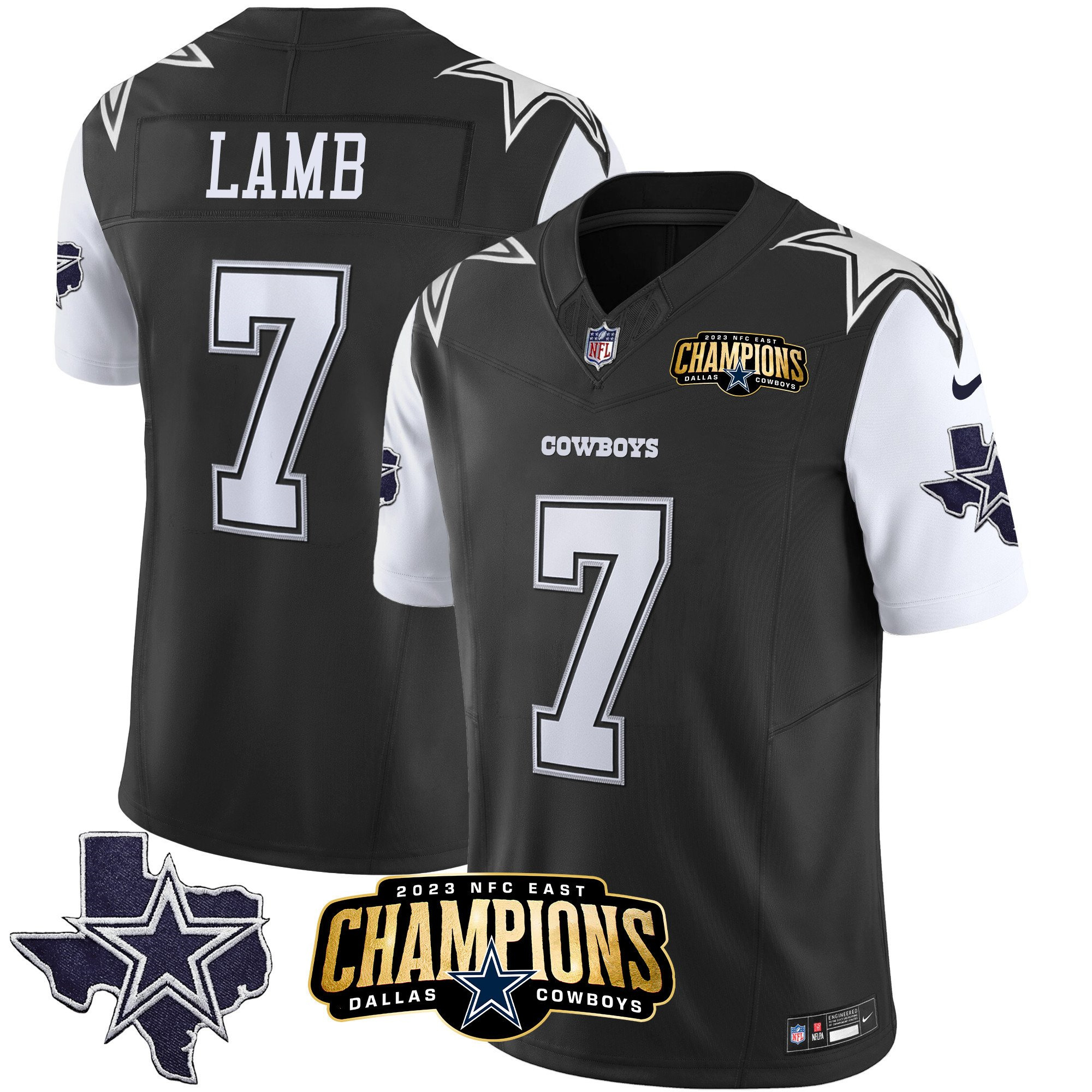 Men's Dallas Cowboys #7 Trevon Diggs Black/White 2023 F.U.S.E. NFC East Champions Patch Stitched Football Jersey Men's Dallas Cowboys #7 Trevon Diggs Black/White 2023 F.U.S.E. NFC East Champions Patch Stitched Football Jersey
