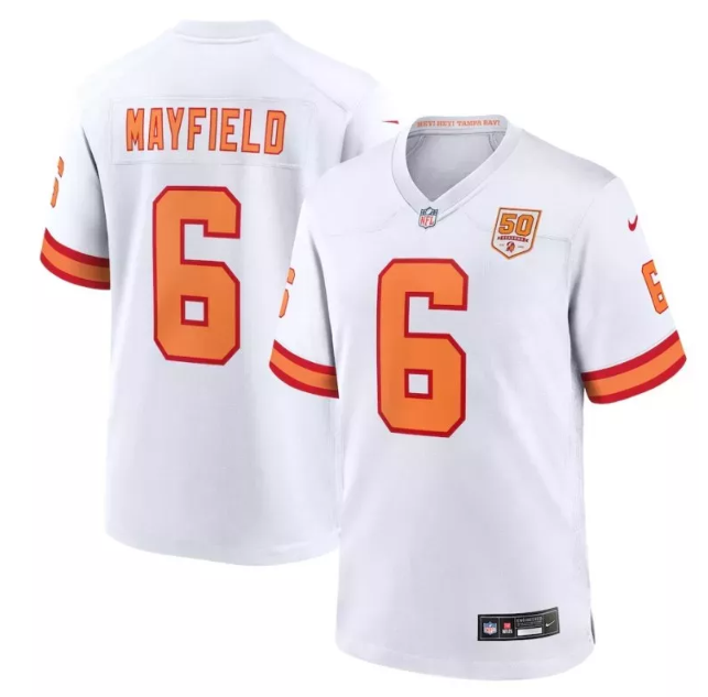 Men's Tampa Bay Buccaneers #6 Baker Mayfield White 50th Anniversary Patch Limited Stitched Football Jersey