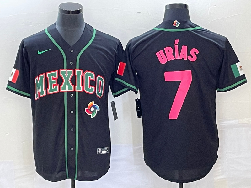 Men's Mexico Baseball #7 Julio Urías 2023 Black World Baseball With Patch Classic Stitched Jersey