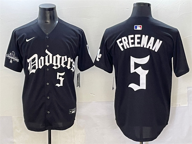 Men's Los Angeles Dodgers #5 Freddie Freeman Black 2025 LA Gothic Style With 2024 World Series Champions Patch Vapor Premier Limited Stitched Baseball Jersey Men's Los Angeles Dodgers #5 Freddie Freeman Black 2025 LA Gothic Style With 2024 World Series Champions Patch Vapor Premier Limited Stitched Baseball Jersey