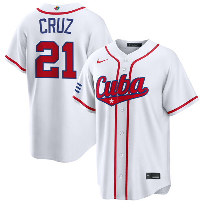 Men's Cuba Baseball #21 Naykel Cruz White 2026 World Baseball Classic Home Stadium Stitched Jersey Men's Cuba Baseball #21 Naykel Cruz White 2026 World Baseball Classic Home Stadium Stitched Jersey