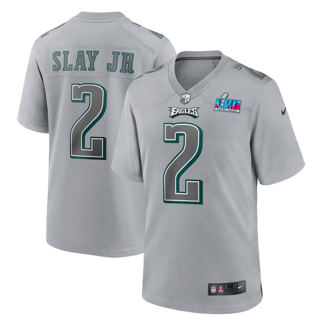Men's Philadelphia Eagles #2 Darius Slay Jr. Grey Super Bowl LVII Patch Atmosphere Fashion Stitched Game Jersey Men's Philadelphia Eagles #2 Darius Slay Jr. Grey Super Bowl LVII Patch Atmosphere Fashion Stitched Game Jersey