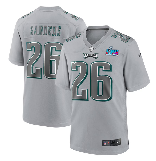 Men's Philadelphia Eagles #26 Miles Sanders Grey Super Bowl LVII Patch Atmosphere Fashion Stitched Game Jersey Men's Philadelphia Eagles #26 Miles Sanders Grey Super Bowl LVII Patch Atmosphere Fashion Stitched Game Jersey