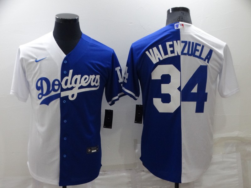 Men's Los Angeles Dodgers #34 Toro Valenzuela White/Blue Split Cool Base Stitched Baseball Jersey Men's Los Angeles Dodgers #34 Toro Valenzuela White/Blue Split Cool Base Stitched Baseball Jersey
