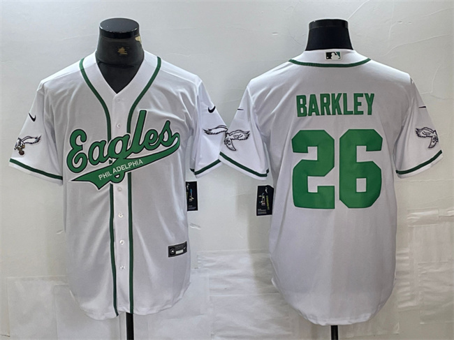 Men's Philadelphia Eagles #26 Saquon Barkley White Cool Base Stitched Baseball Jersey Men's Philadelphia Eagles #26 Saquon Barkley White Cool Base Stitched Baseball Jersey