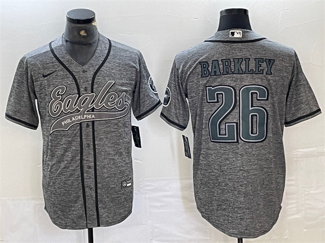 Men's Philadelphia Eagles #26 Saquon Barkley Grey Cool Base Stitched Baseball Jersey Men's Philadelphia Eagles #26 Saquon Barkley Grey Cool Base Stitched Baseball Jersey