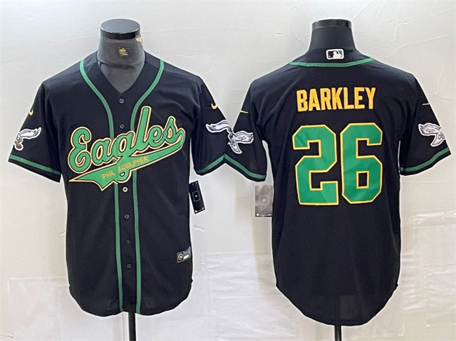 Men's Philadelphia Eagles #26 Saquon Barkley Black/Gold Cool Base Stitched Baseball Jersey Men's Philadelphia Eagles #26 Saquon Barkley Black/Gold Cool Base Stitched Baseball Jersey