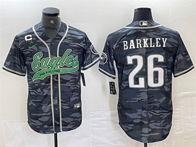 Men's Philadelphia Eagles #26 Saquon Barkley Grey Camo With 3-star C Patch Cool Base Stitched Baseball Jersey Men's Philadelphia Eagles #26 Saquon Barkley Grey Camo With 3-star C Patch Cool Base Stitched Baseball Jersey
