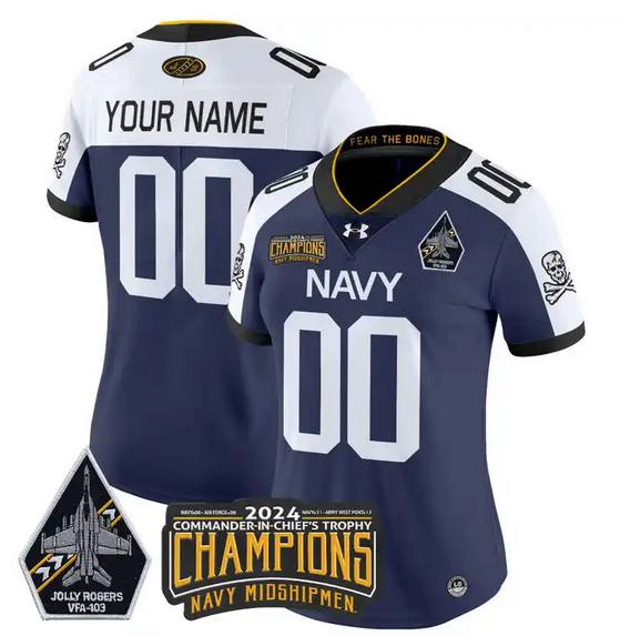 Women's Navy Midshipmen Active Player Custom Navy/White 2024 Champions Patch And Jolly Rogers VFA-103 Horvath Patch Stitched Football Jersey