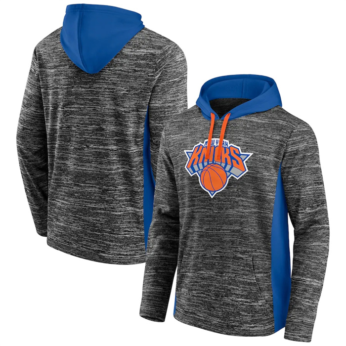 Men's New York Knicks Heathered Charcoal Blue Instant Replay Color Block Pullover Hoodie Men's New York Knicks Heathered Charcoal Blue Instant Replay Color Block Pullover Hoodie