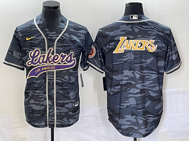 Men's Los Angeles Lakers Team Big Logo Grey Cool Base With Patch Stitched Baseball Jersey Men's Los Angeles Lakers Team Big Logo Grey Cool Base With Patch Stitched Baseball Jersey