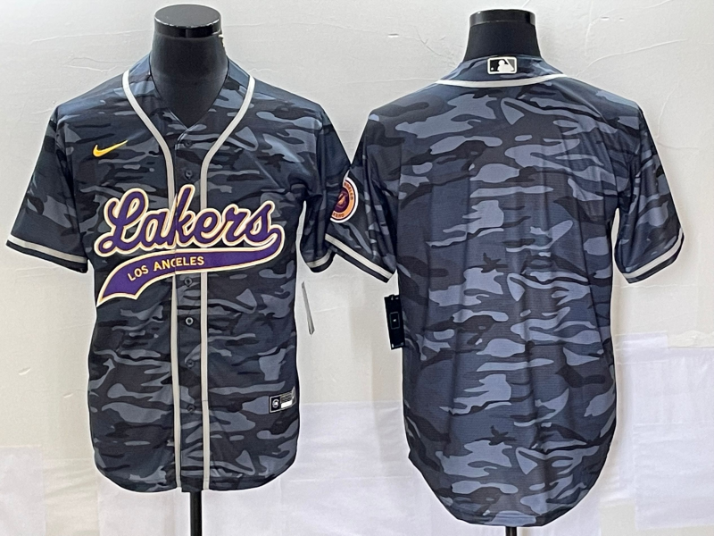 Men's Los Angeles Lakers Blank Grey Cool Base With Patch Stitched Baseball Jersey Men's Los Angeles Lakers Blank Grey Cool Base With Patch Stitched Baseball Jersey