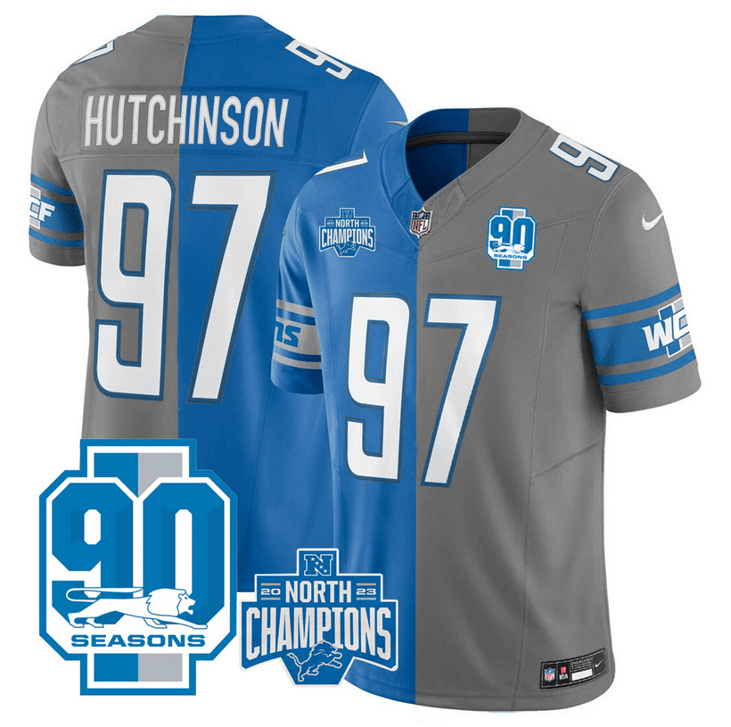Men's Detroit Lions Custom Bllue/Grey Spilte 2023 F.U.S.E. 90th Anniversary NFC North Division Champions Vapor Untouchable Limited Stitched Jersey