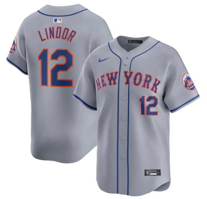 Men's New York Mets #12 Francisco Lindor Grey 2024 Away Limited Stitched Baseball Jersey Men's New York Mets #12 Francisco Lindor Grey 2024 Away Limited Stitched Baseball Jersey