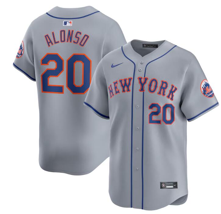 Men's New York Mets #20 Pete Alonso Grey 2024 Away Limited Stitched Baseball Jersey Men's New York Mets #20 Pete Alonso Grey 2024 Away Limited Stitched Baseball Jersey