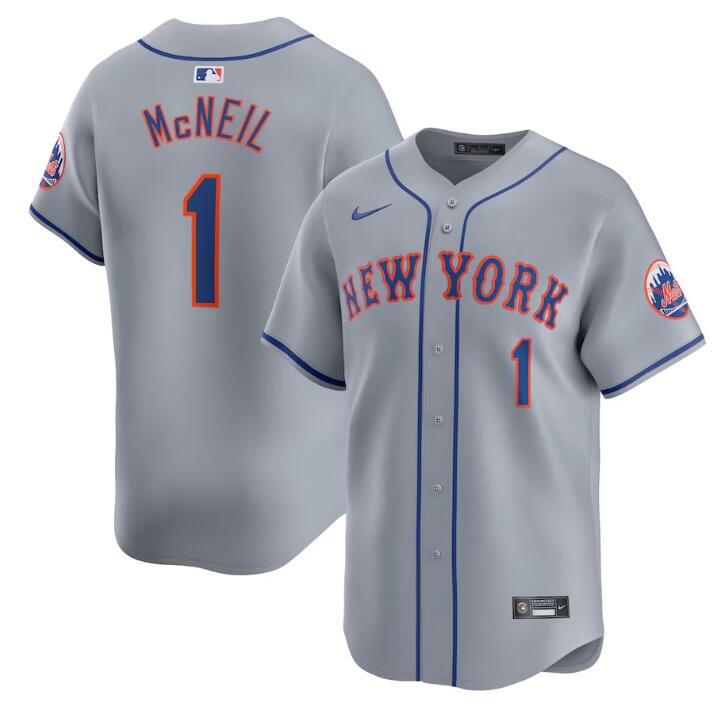 Men's New York Mets #1 Jeff McNeil Grey 2024 Away Limited Stitched Baseball Jersey Men's New York Mets #1 Jeff McNeil Grey 2024 Away Limited Stitched Baseball Jersey